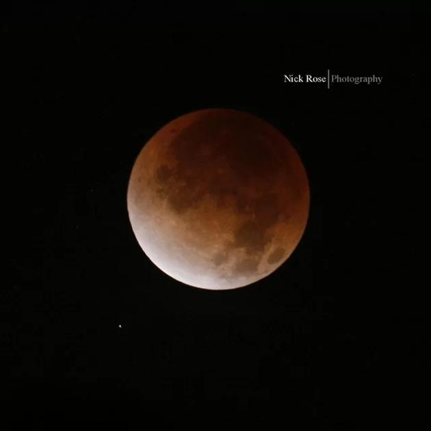 天空观测者尼克?罗斯（Nick Rose）在美国加州密尔布瑞拍摄的月全食景象。